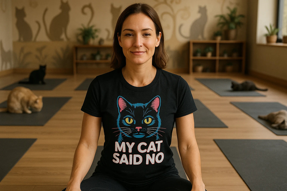 Lifestyle shot of the "My Cat Said No" black cat lovers t shirt in a real-world setting
