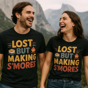 Person wearing the black camp shirts for men graphic tee - "Lost But Making S'Mores" design