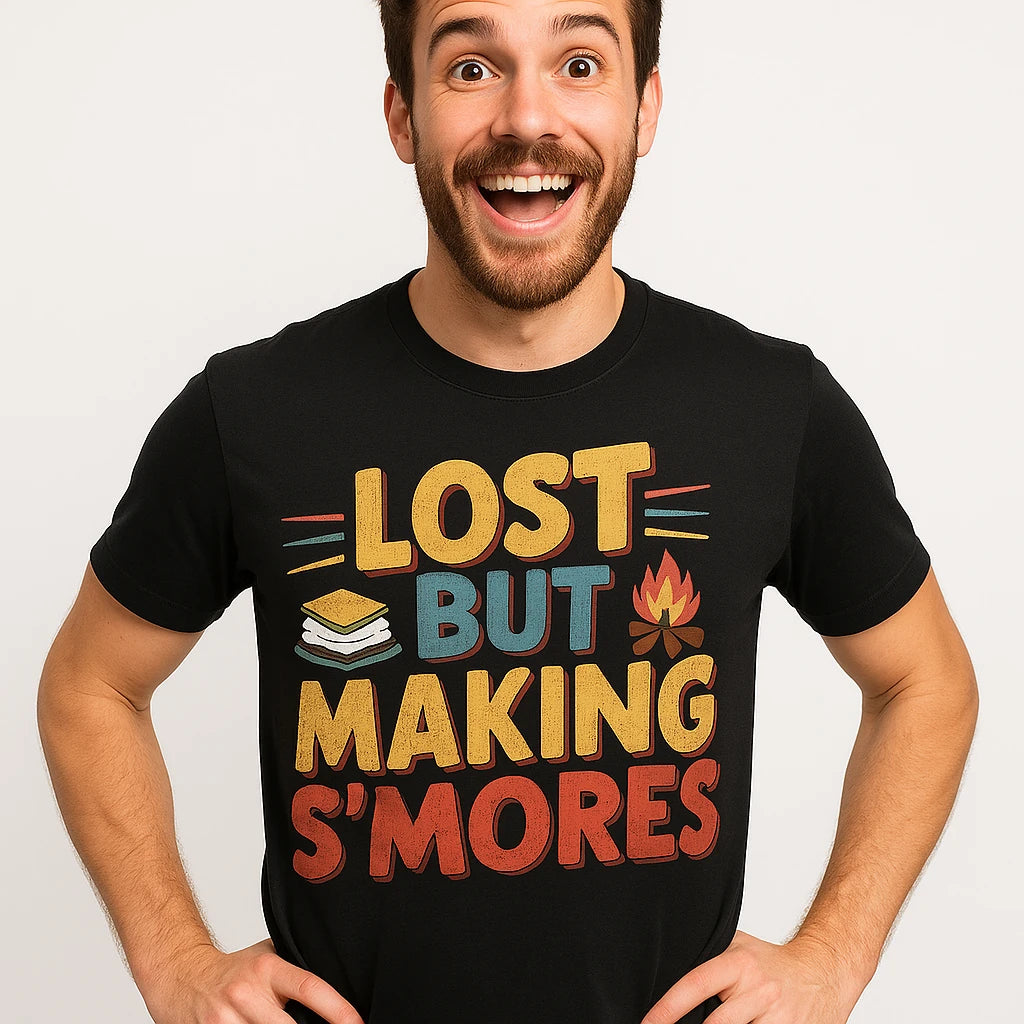 Close-up of the "Lost But Making S'Mores" brown print on a premium Bella+Canvas black camp shirts for men