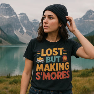 Lifestyle shot of the "Lost But Making S'Mores" black camp shirts for men in a real-world setting