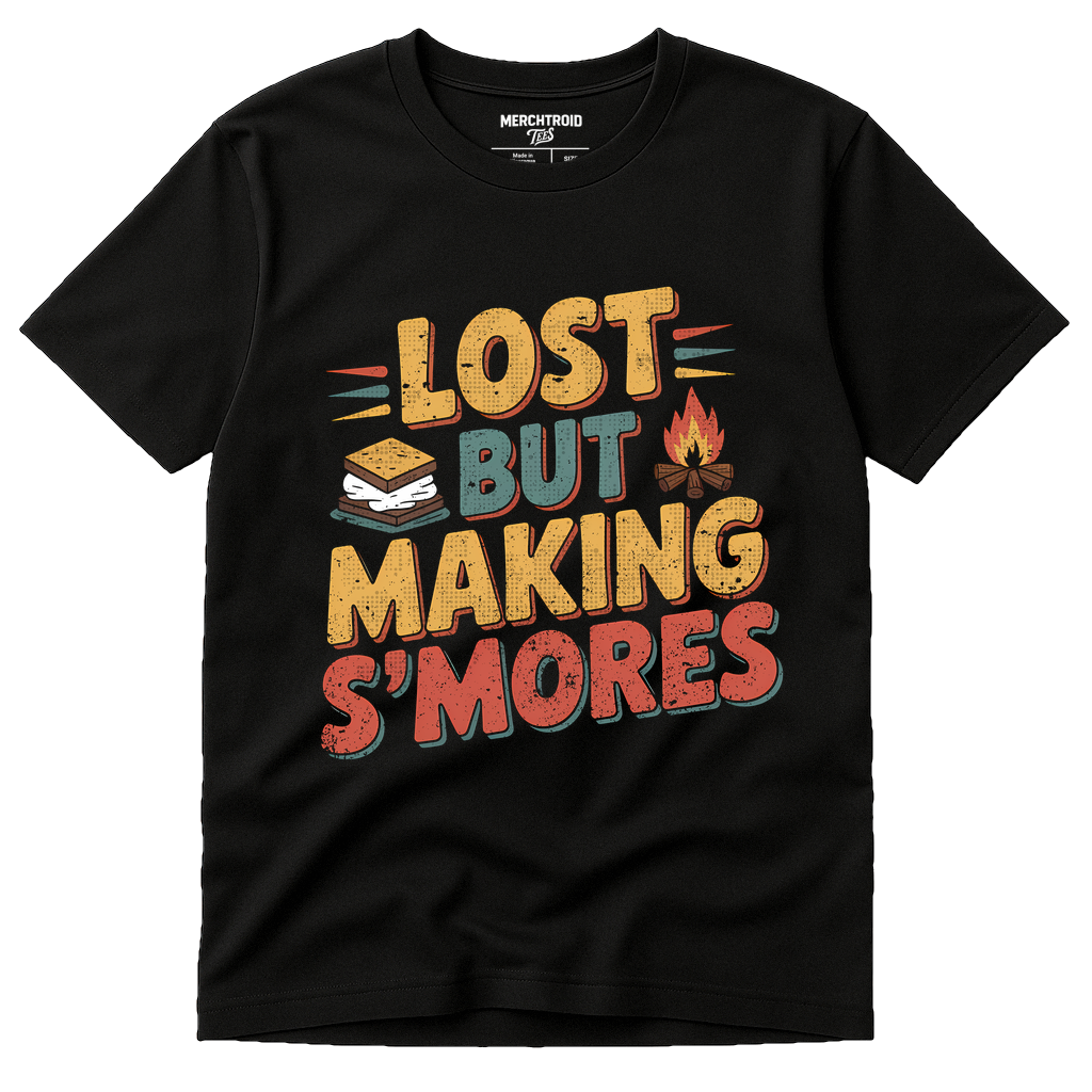 Black Camp Shirts For Men - "Lost But Making S'Mores" graphic tee with brown print, flat lay product photo