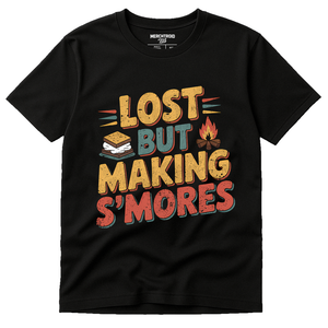 Black Camp Shirts For Men - "Lost But Making S'Mores" graphic tee with brown print, flat lay product photo