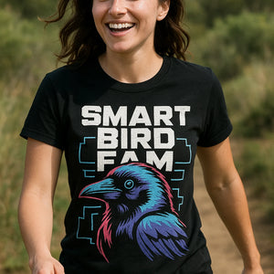 "Smart Bird Fam" black crow t shirt, photographed as gifts for crow lovers