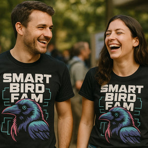 Person wearing the black crow t shirt graphic tee - "Smart Bird Fam" design
