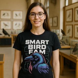 Lifestyle shot of the "Smart Bird Fam" black crow t shirt in a real-world setting