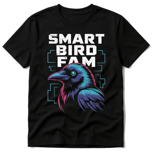 Black Crow T Shirt - "Smart Bird Fam" graphic tee with gray print, flat lay product photo