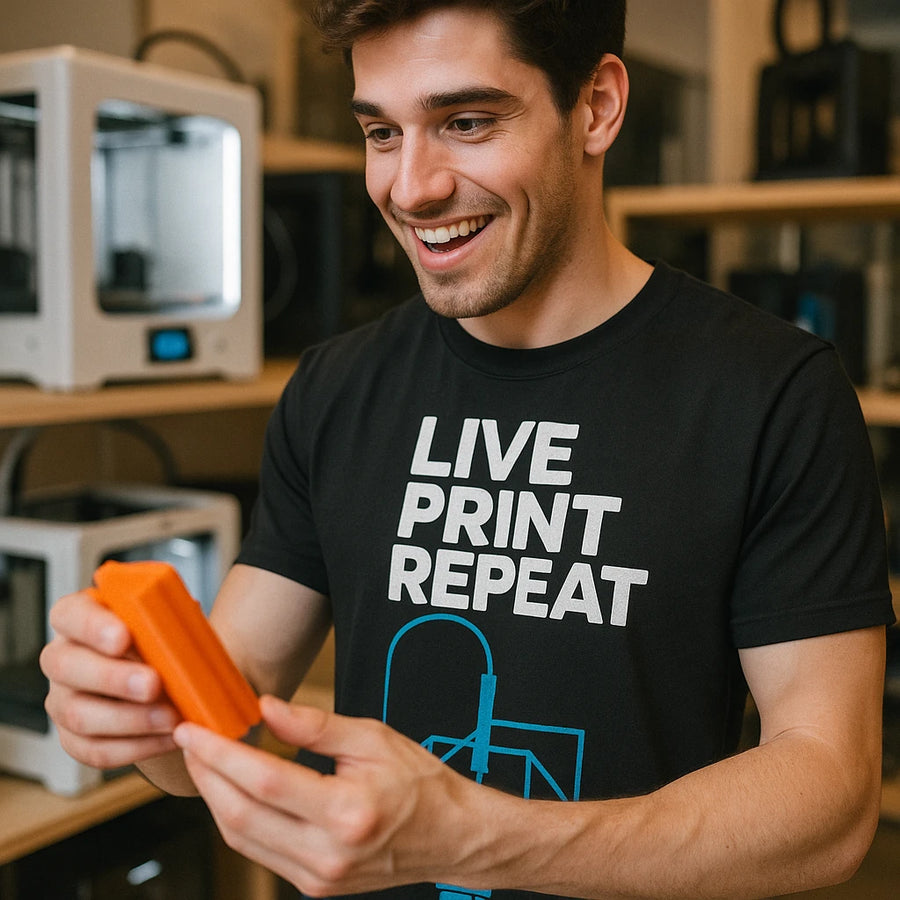 A person with short dark hair is smiling while holding an orange 3D printed object. They are wearing a black t-shirt with the words "LIVE PRINT REPEAT" printed on it. The background features several 3D printers on shelves.