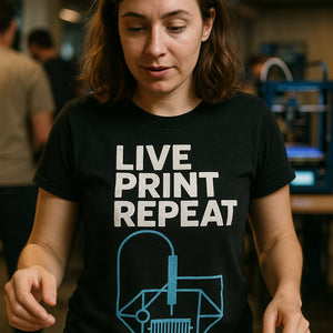 "Live Print Repeat" black 3d printing t shirt - also a 3d print present