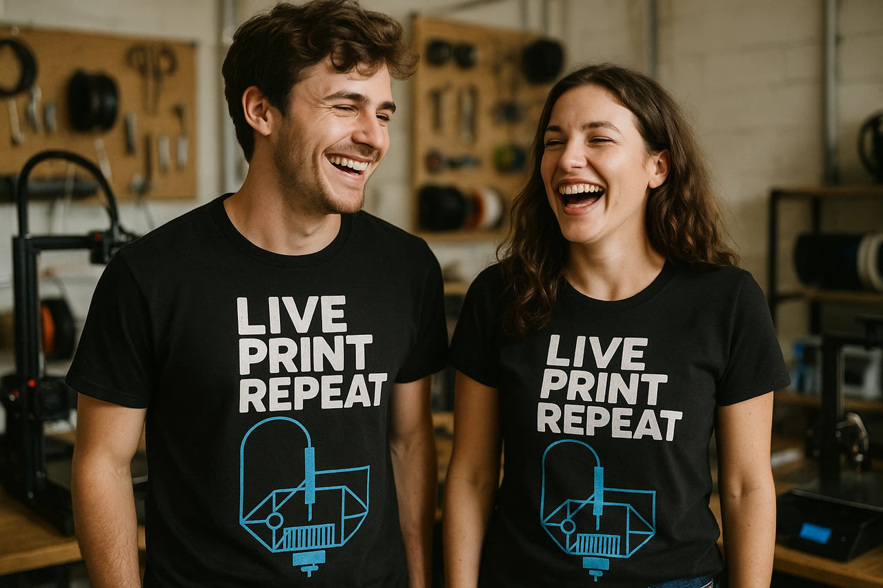 A man and a woman are laughing together, both wearing black t-shirts with the text "LIVE PRINT REPEAT" and a blue 3D printer illustration. They appear to be in a workshop or studio environment with tools and equipment in the background.