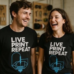 Person wearing the black 3d printing t shirt graphic tee - "Live Print Repeat" design