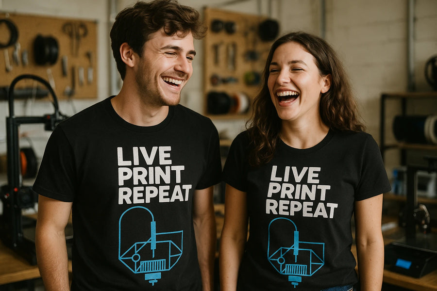 A man and a woman are laughing together, both wearing black t-shirts with the text "LIVE PRINT REPEAT" and a blue 3D printer illustration. They appear to be in a workshop or studio environment with tools and equipment in the background.