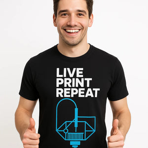 Close-up of the "Live Print Repeat" teal print on a premium Bella+Canvas black 3d printing t shirt