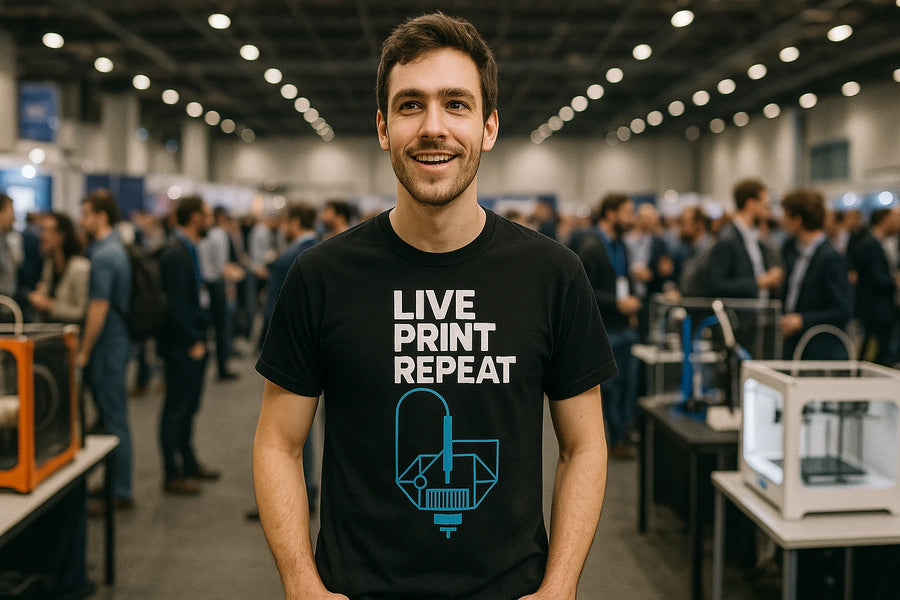 A person wearing a black T-shirt with white and blue text stands in a busy, indoor event or conference setting. There are multiple people in the background, along with tables and equipment, creating a bustling atmosphere.