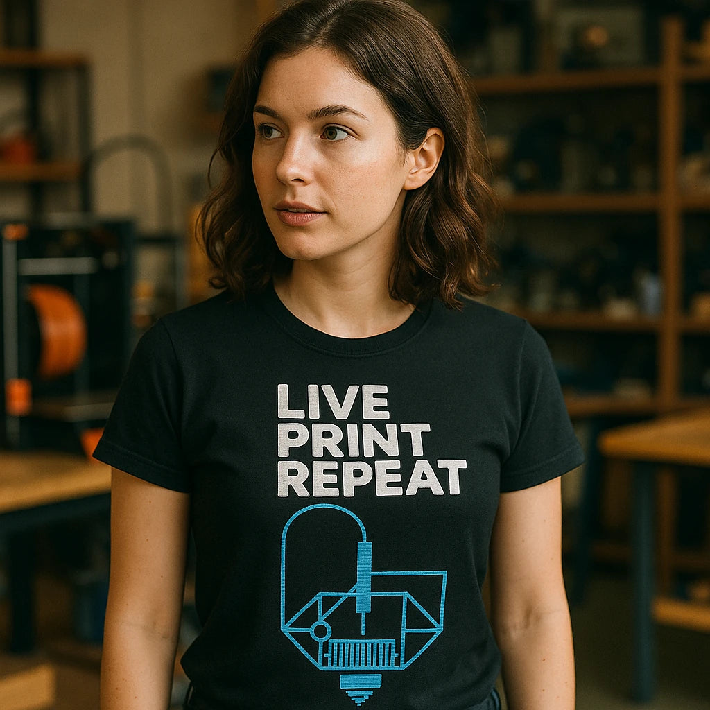 A person with shoulder-length brown hair wearing a black t-shirt with the text "LIVE PRINT REPEAT" and a blue graphic of a 3D printer. The background shows shelves and tools, suggesting a workshop or maker space environment.