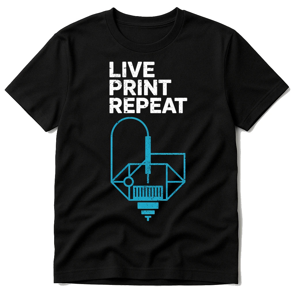 A black T-shirt featuring the white text "LIVE PRINT REPEAT" above a blue diagram of a 3D printer. The design is simple and technology-themed.