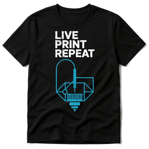 Black 3D Printing T Shirt - "Live Print Repeat" graphic tee with teal print, flat lay product photo