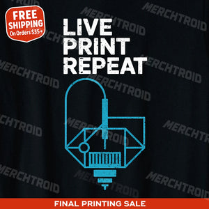"Live Print Repeat" black 3d printing t shirt - also a 3d print gift box