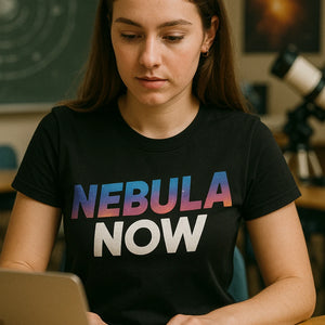 "Nebula Now" black galaxy wolf t shirt - also a galaxy shirt for women