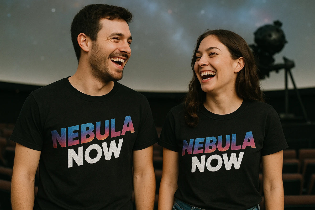 Person wearing the black galaxy wolf t shirt graphic tee - "Nebula Now" design