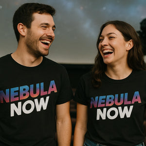 Person wearing the black galaxy wolf t shirt graphic tee - "Nebula Now" design
