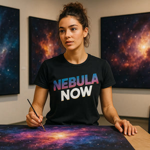 Lifestyle shot of the "Nebula Now" black galaxy wolf t shirt in a real-world setting