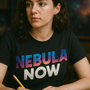 "Nebula Now" black galaxy wolf t shirt, photographed as gifts for galaxy lovers