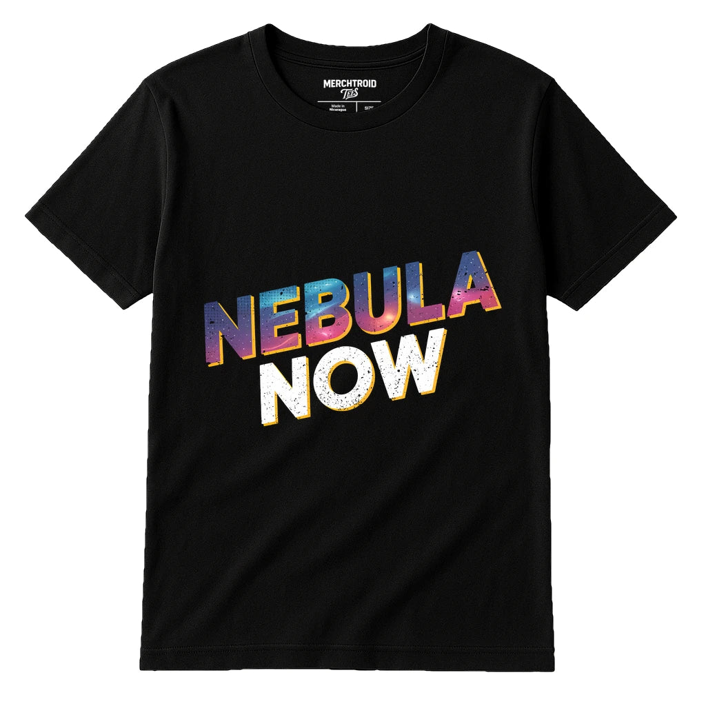 Black Galaxy Wolf T Shirt - "Nebula Now" graphic tee with gray print, flat lay product photo