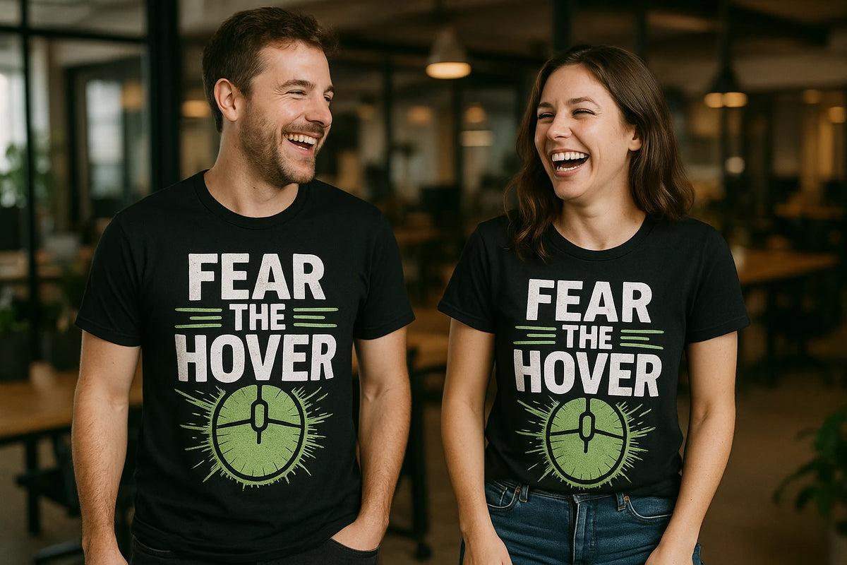 Person wearing the black ui ux designer t shirt graphic tee - "Fear the Hover" design