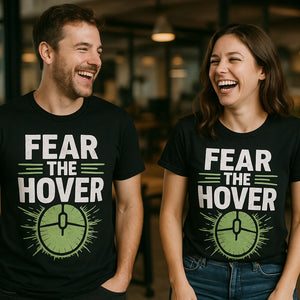 Person wearing the black ui ux designer t shirt graphic tee - "Fear the Hover" design