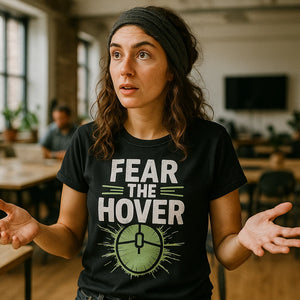 Lifestyle shot of the "Fear the Hover" black ui ux designer t shirt in a real-world setting