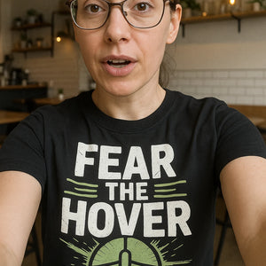 "Fear the Hover" black ui ux designer t shirt, photographed as gifts for ux designers