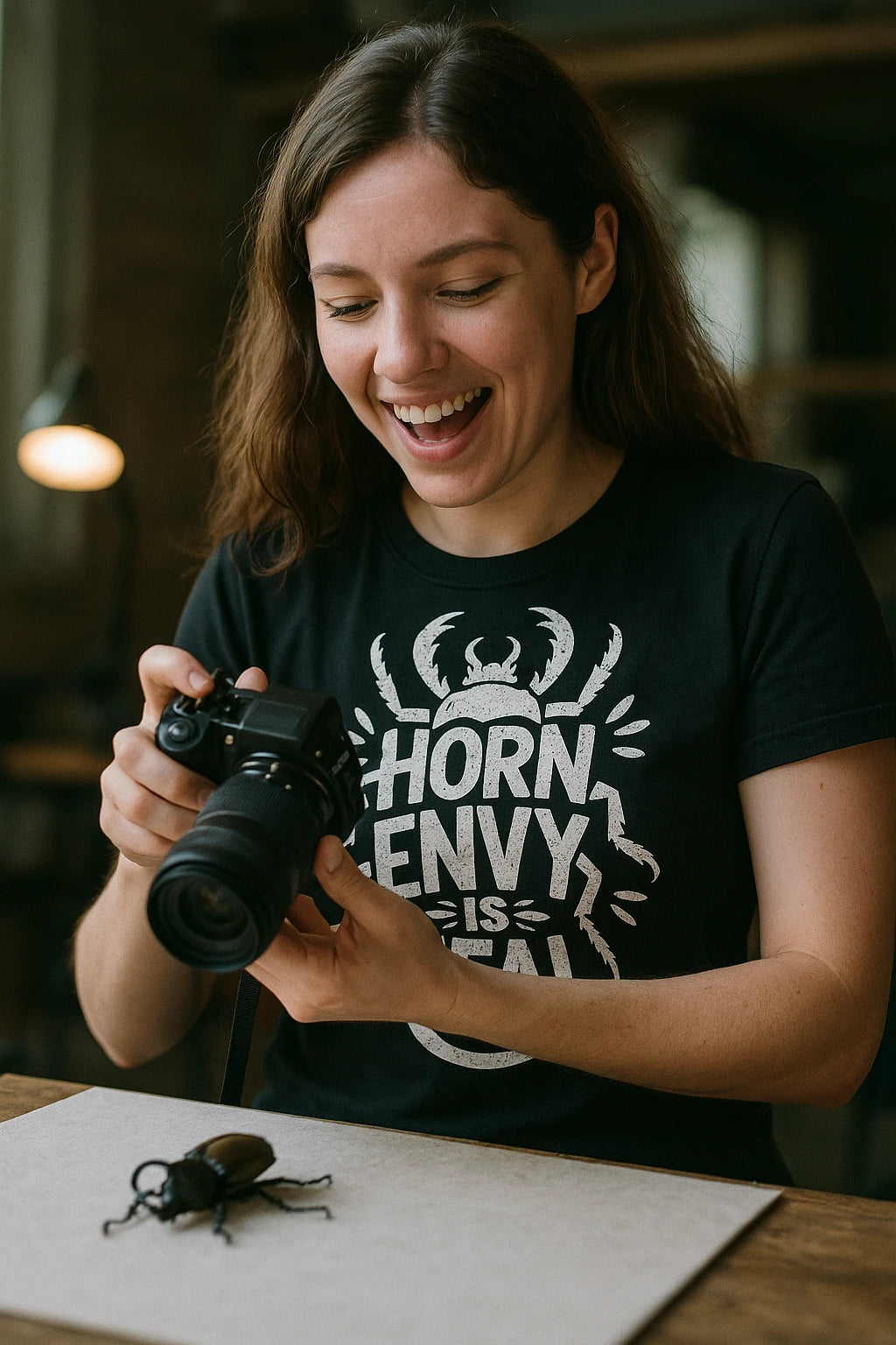 "Horn Envy Is Real" black beetle shirts, photographed as gifts for beetle lovers