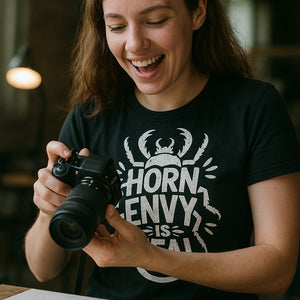 "Horn Envy Is Real" black beetle shirts, photographed as gifts for beetle lovers