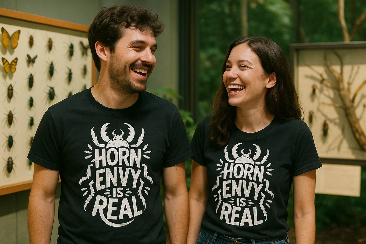 Person wearing the black beetle shirts graphic tee - "Horn Envy Is Real" design