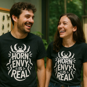 Person wearing the black beetle shirts graphic tee - "Horn Envy Is Real" design