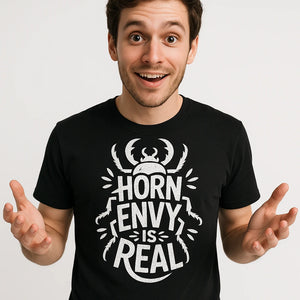 Close-up of the "Horn Envy Is Real" white print on a premium Bella+Canvas black beetle shirts