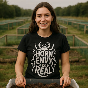 Lifestyle shot of the "Horn Envy Is Real" black beetle shirts in a real-world setting