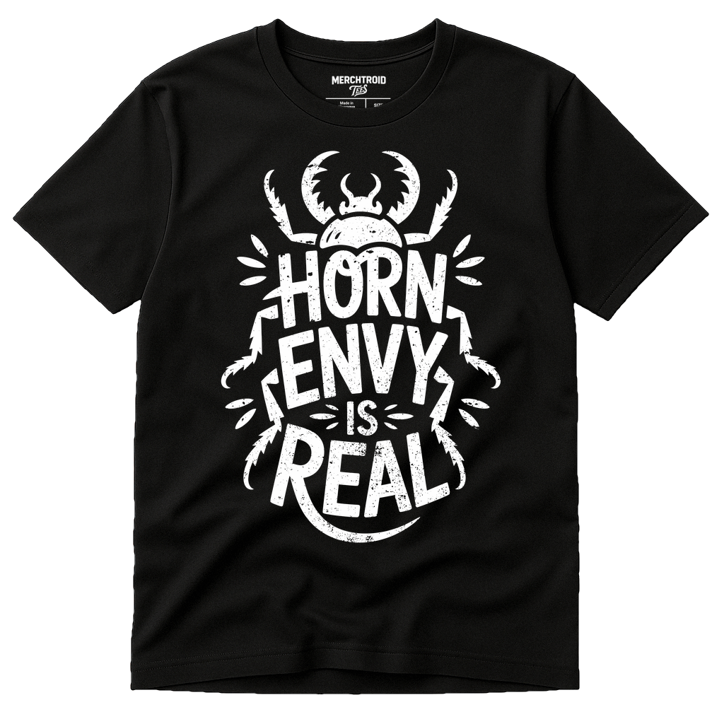 Black Beetle Shirts - "Horn Envy Is Real" graphic tee with white print, flat lay product photo