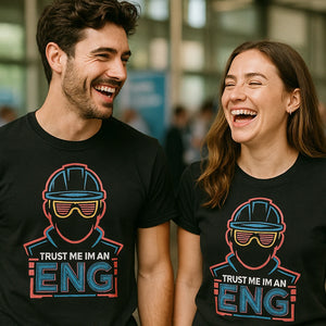 Person wearing the black engineer t shirt graphic tee - "Trust Me Im an Eng" design
