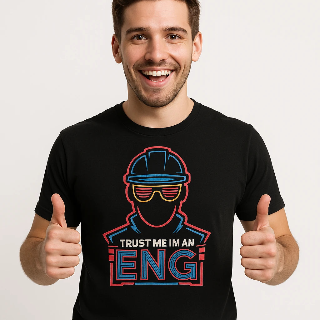 Close-up of the "Trust Me Im an Eng" teal print on a premium Bella+Canvas black engineer t shirt