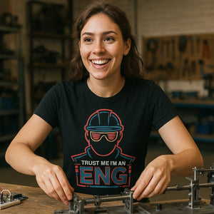 Lifestyle shot of the "Trust Me Im an Eng" black engineer t shirt in a real-world setting