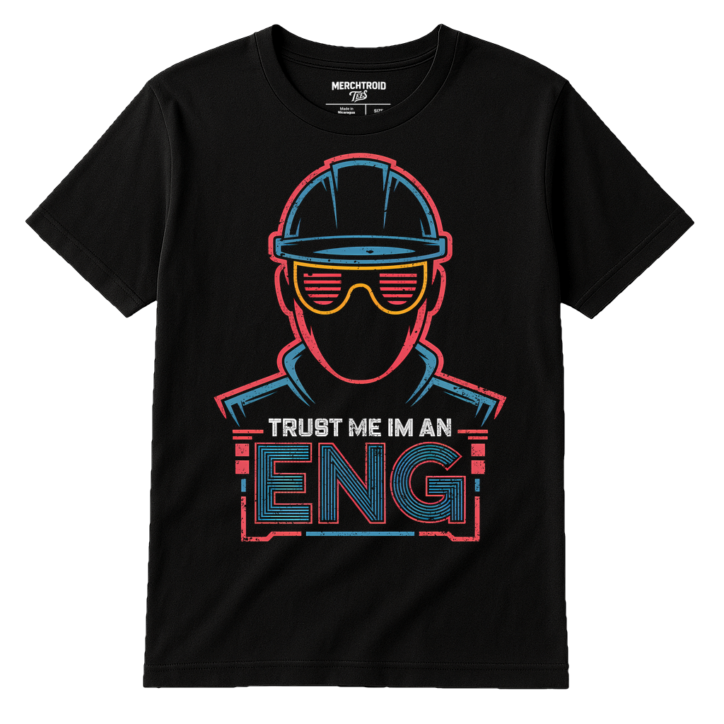 Black Engineer T Shirt - "Trust Me Im an Eng" graphic tee with teal print, flat lay product photo