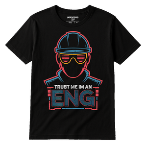 Black Engineer T Shirt - "Trust Me Im an Eng" graphic tee with teal print, flat lay product photo