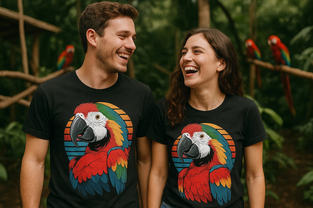 Person wearing the black macaw shirts graphic tee - "Macaw Mafia" design