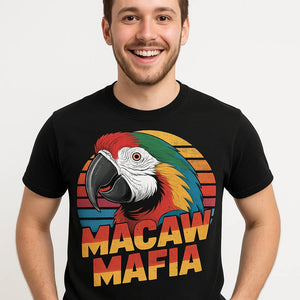 Close-up of the "Macaw Mafia" gold print on a premium Bella+Canvas black macaw shirts