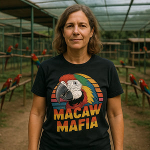 Lifestyle shot of the "Macaw Mafia" black macaw shirts in a real-world setting