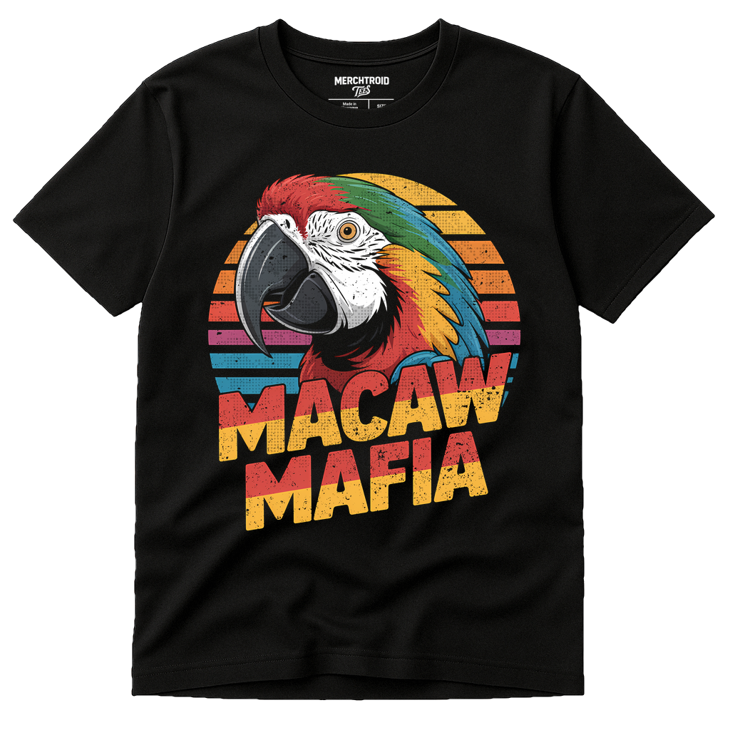Black Macaw Shirts - "Macaw Mafia" graphic tee with gold print, flat lay product photo