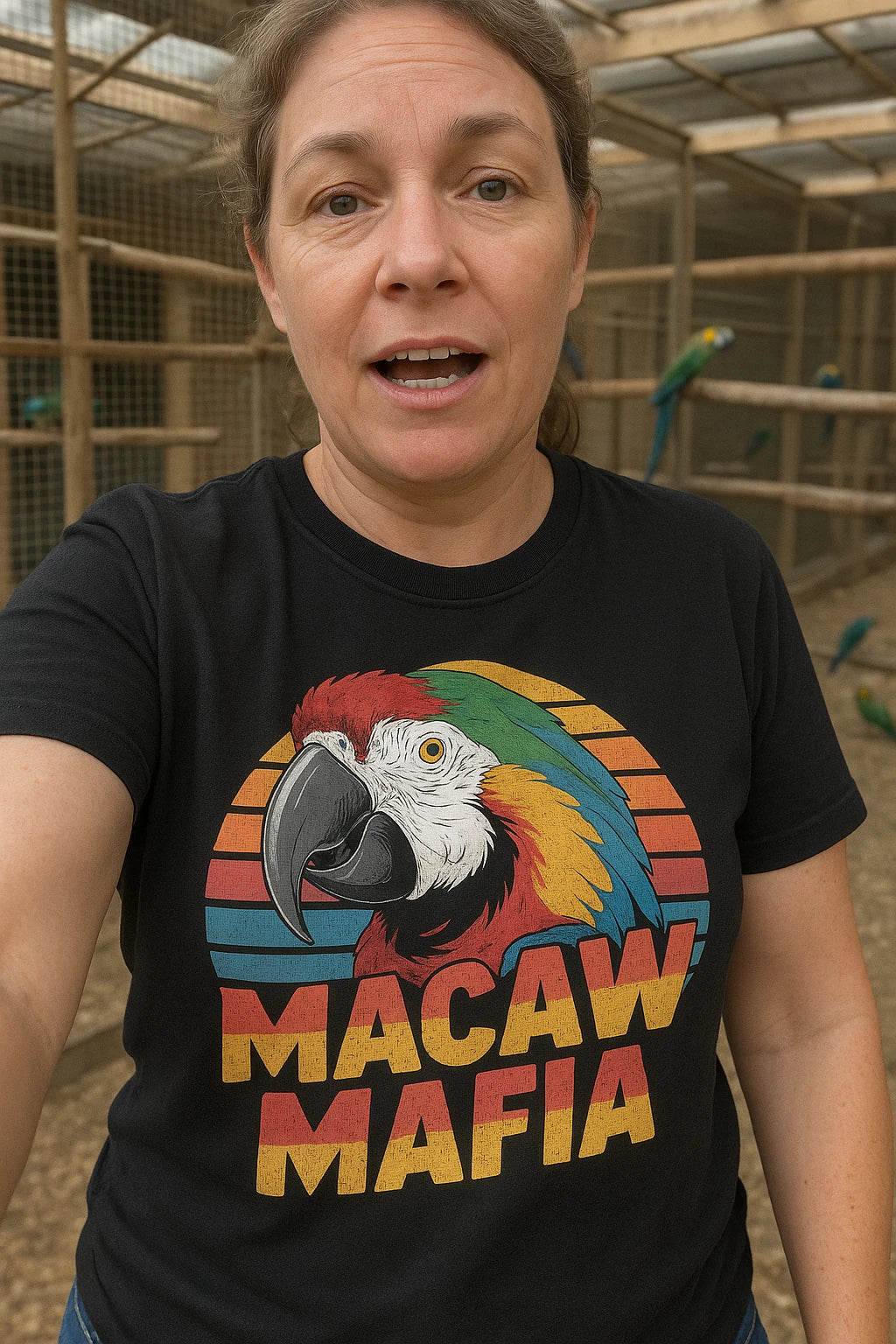 "Macaw Mafia" black macaw shirts, photographed as macaw lover gift
