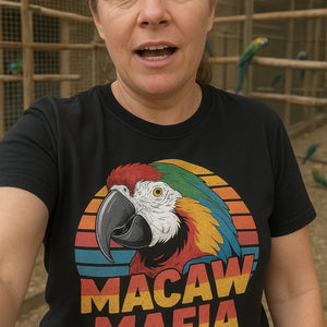 "Macaw Mafia" black macaw shirts, photographed as macaw lover gift