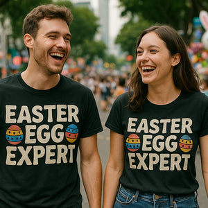 Person wearing the black easter shirts graphic tee - "Easter Egg Expert" design